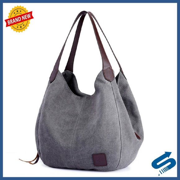 Handbags - Canvas Tote Bag with Multiple Pockets - Medium/Large Size Options